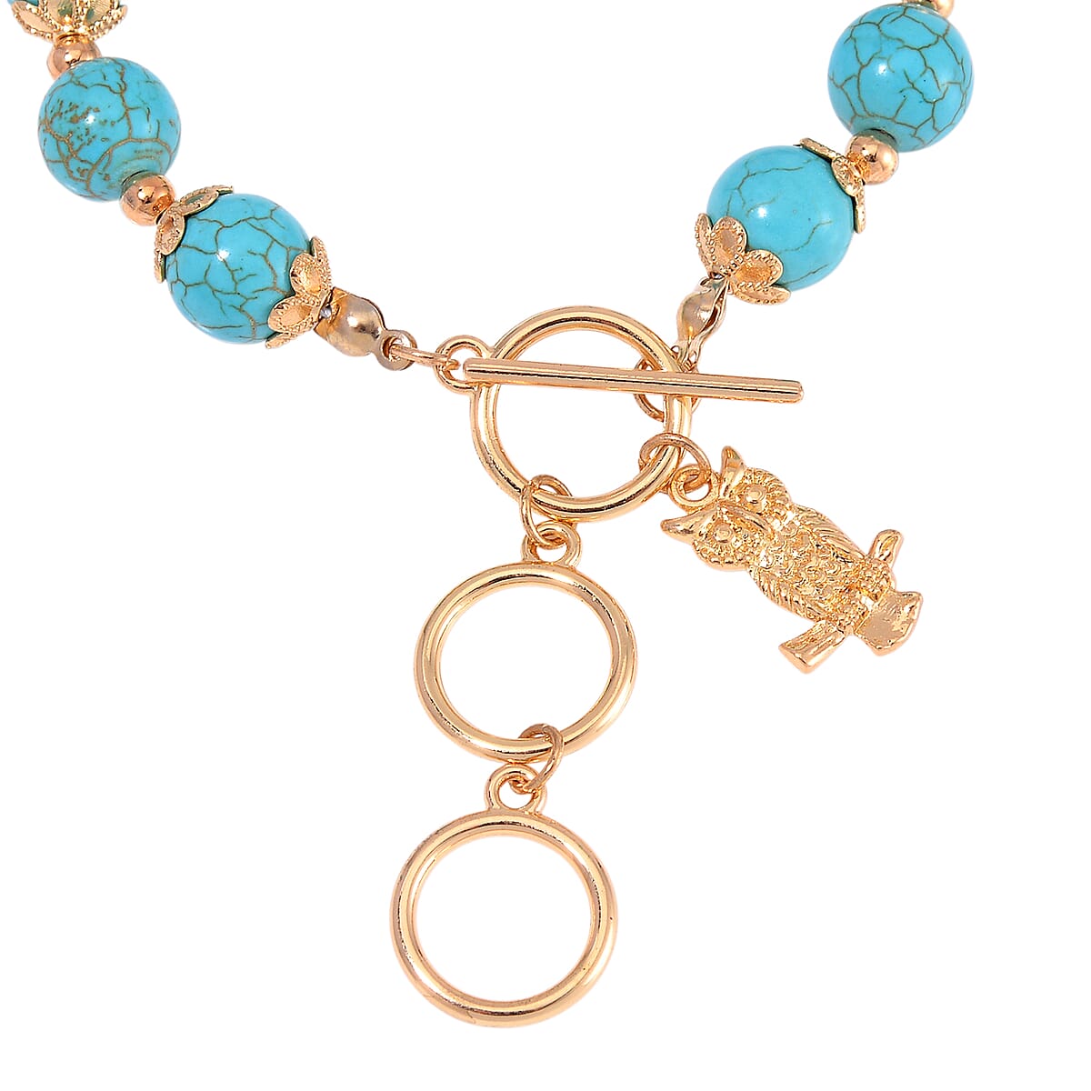 Blue Howlite 90.00 ctw Beaded Bracelet with Owl Charm in Goldtone (6.50-8.0In) image number 3