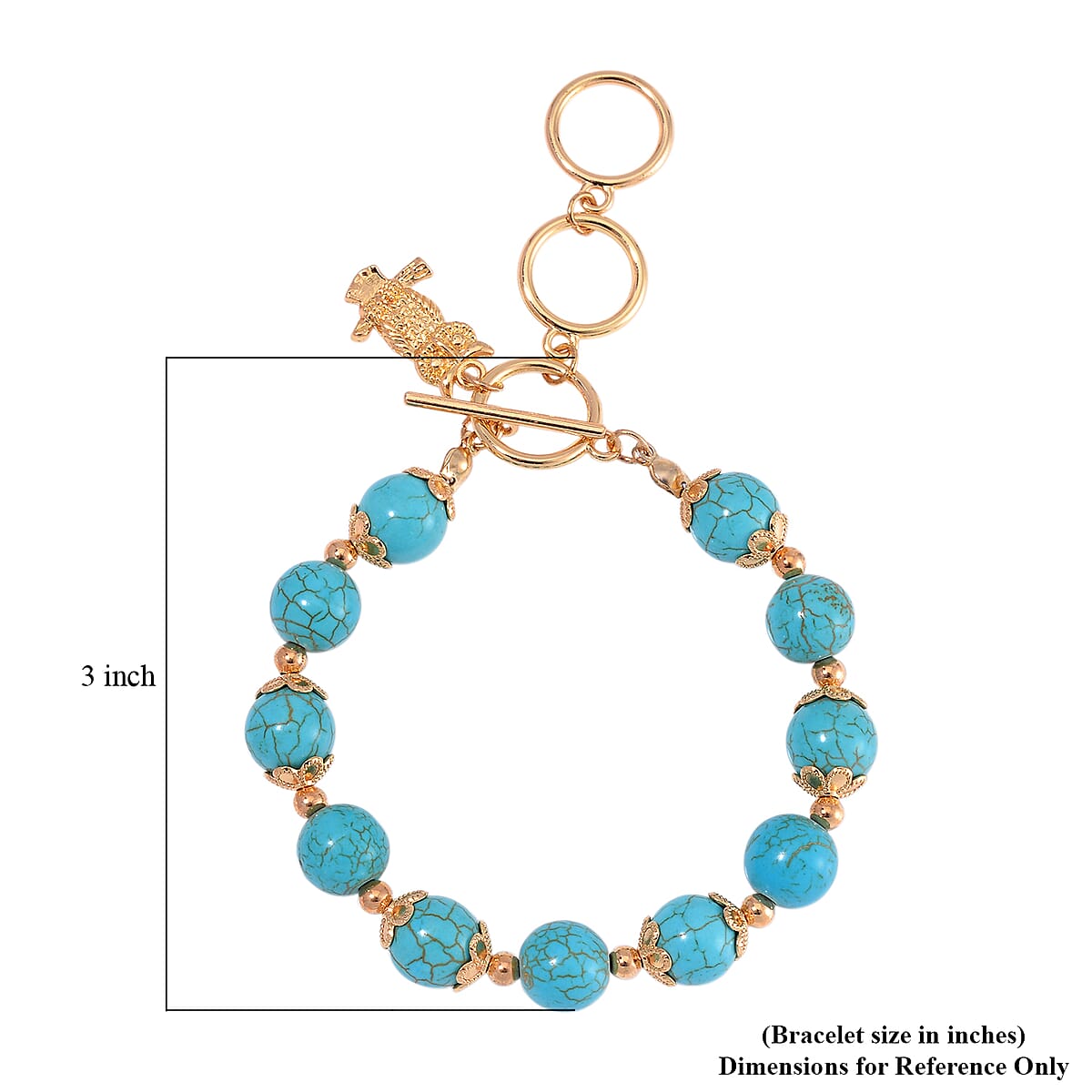Blue Howlite 90.00 ctw Beaded Bracelet with Owl Charm in Goldtone (6.50-8.0In) image number 4