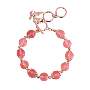 Cherry Quartz 90.00 ctw Beaded Bracelet with Eagle Charm in Rosetone (6.50-8.0In)