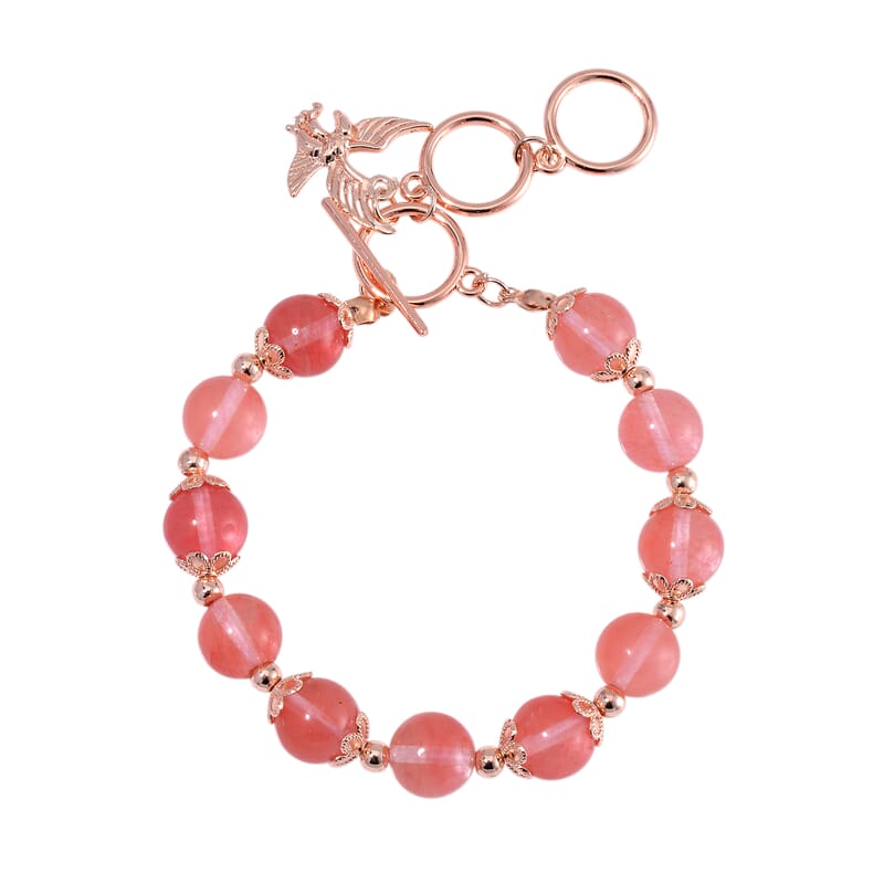 Cherry Quartz 90.00 ctw Beaded Bracelet with Eagle Charm in Rosetone (6.50-8.0In)