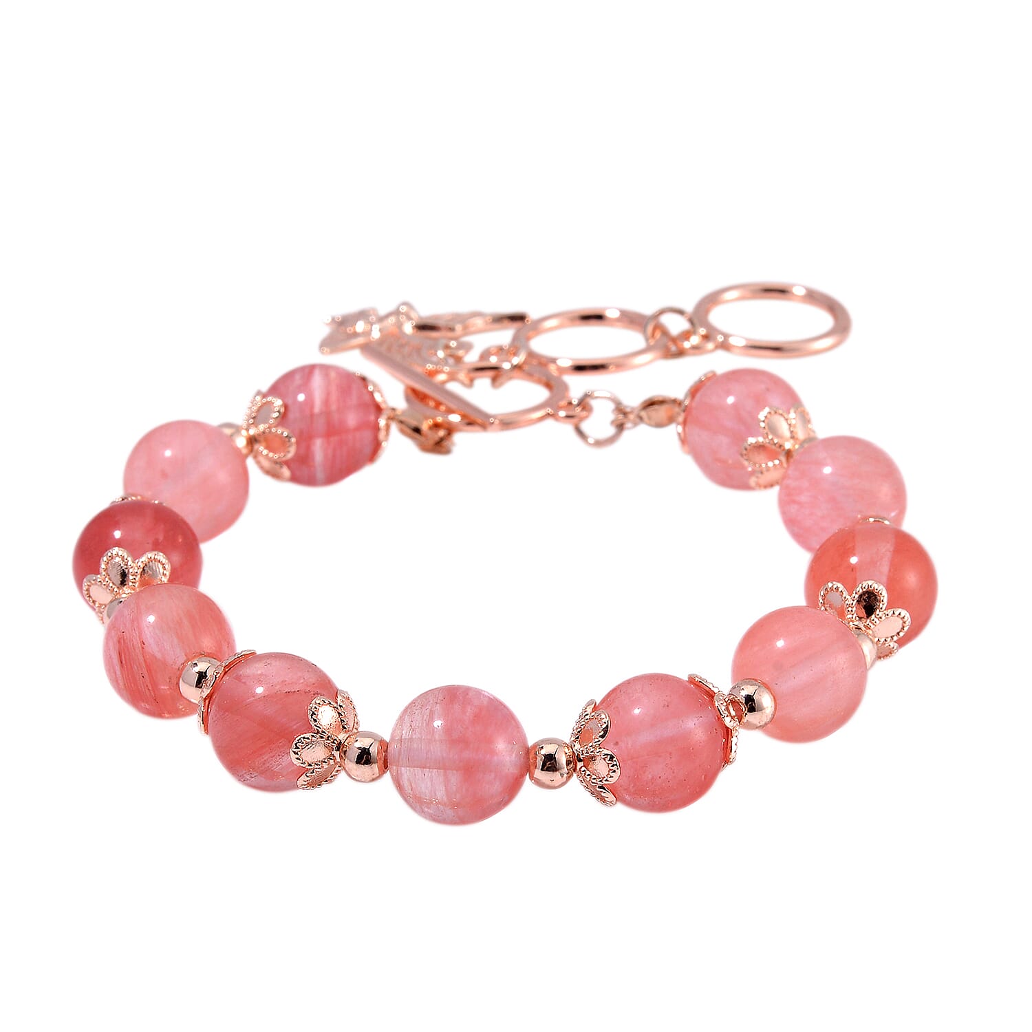Cherry Quartz 90.00 ctw Beaded Bracelet with Eagle Charm in Rosetone (6.50-8.0In)