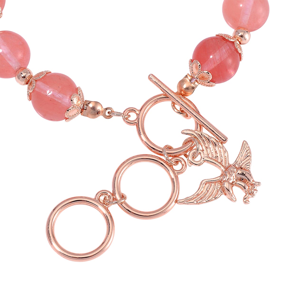 Cherry Quartz 90.00 ctw Beaded Bracelet with Eagle Charm in Rosetone (6.50-8.0In) image number 3