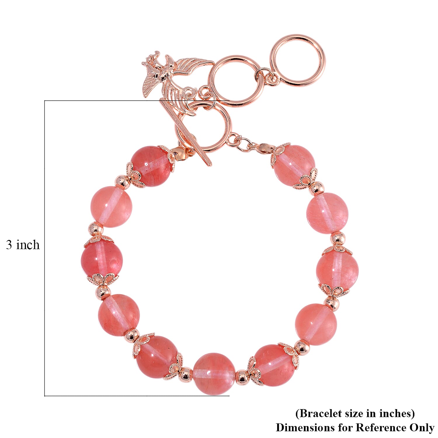Cherry Quartz 90.00 ctw Beaded Bracelet with Eagle Charm in Rosetone (6.50-8.0In)