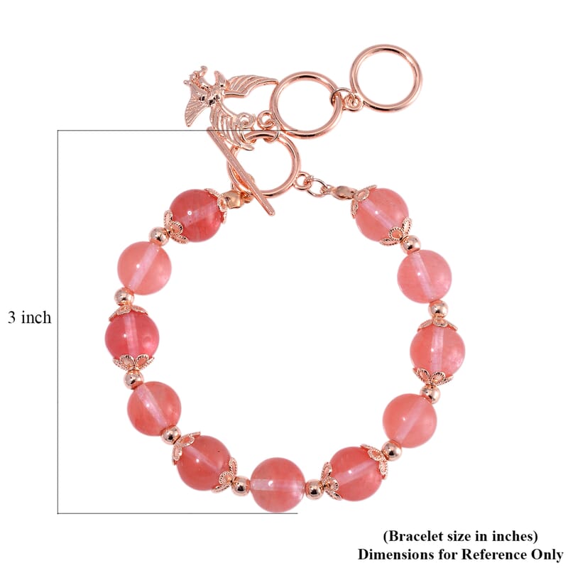 Cherry Quartz 90.00 ctw Beaded Bracelet with Eagle Charm in Rosetone (6.50-8.0In)