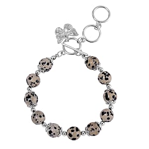 Dalmation Jasper 90.00 ctw Beaded Bracelet with Butterfly Charm in Silvertone (6.50-8.0In)