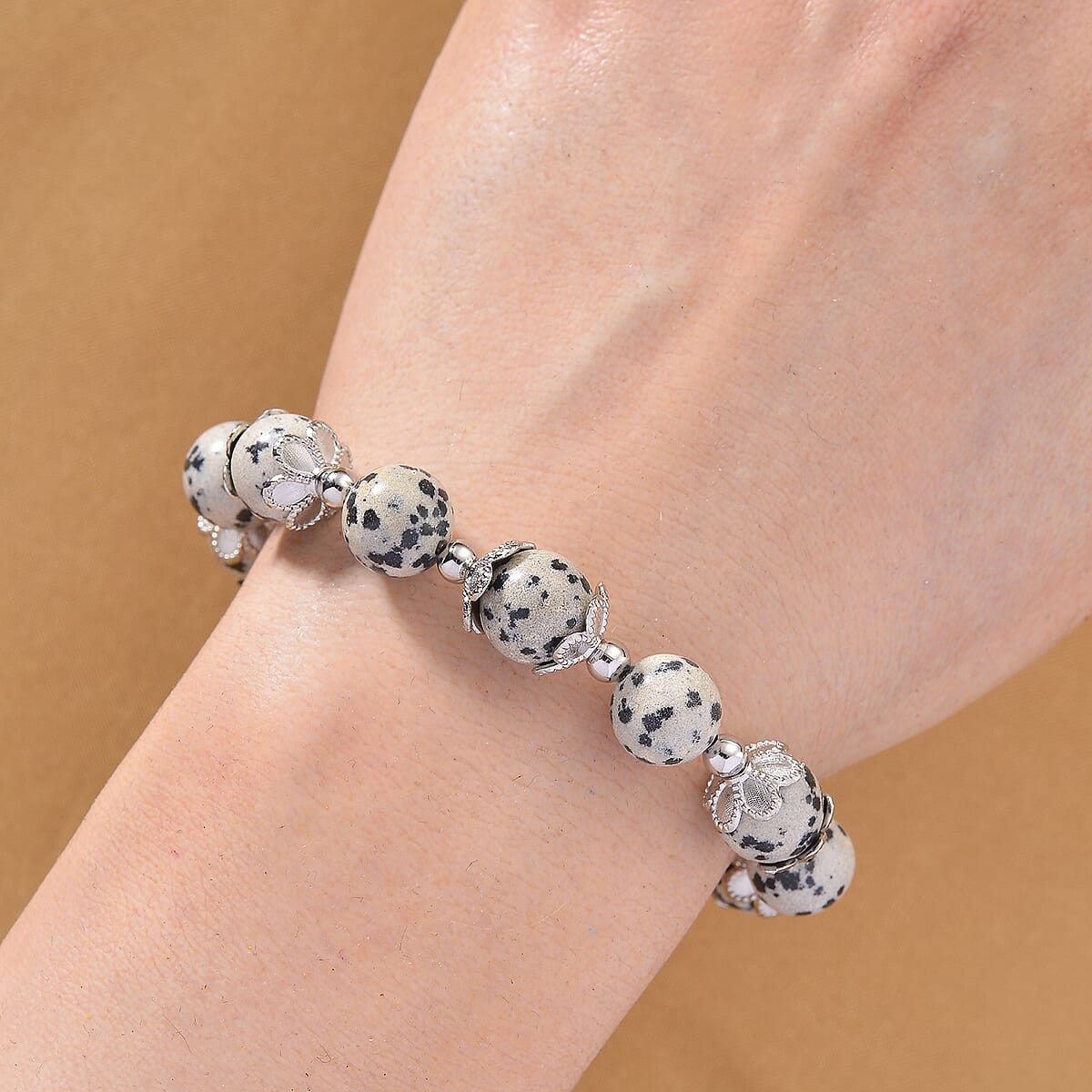 Dalmation Jasper 90.00 ctw Beaded Bracelet in Silvertone (6.50-8.0In) image number 1