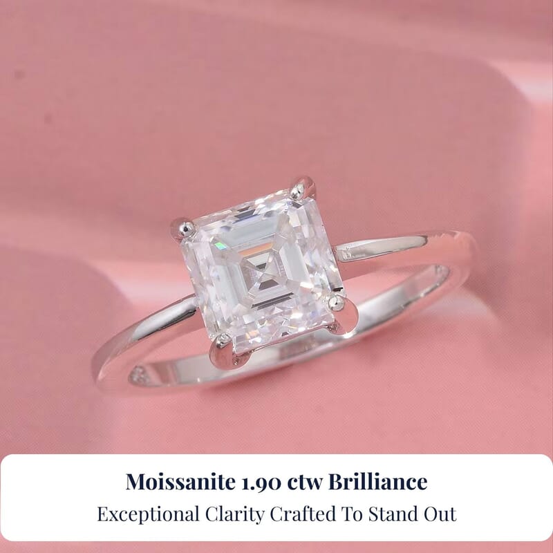 D'Joy Asscher Cut Moissanite 1.90 ctw Ring in Rhodium Over Sterling Silver (Size 10.0) 