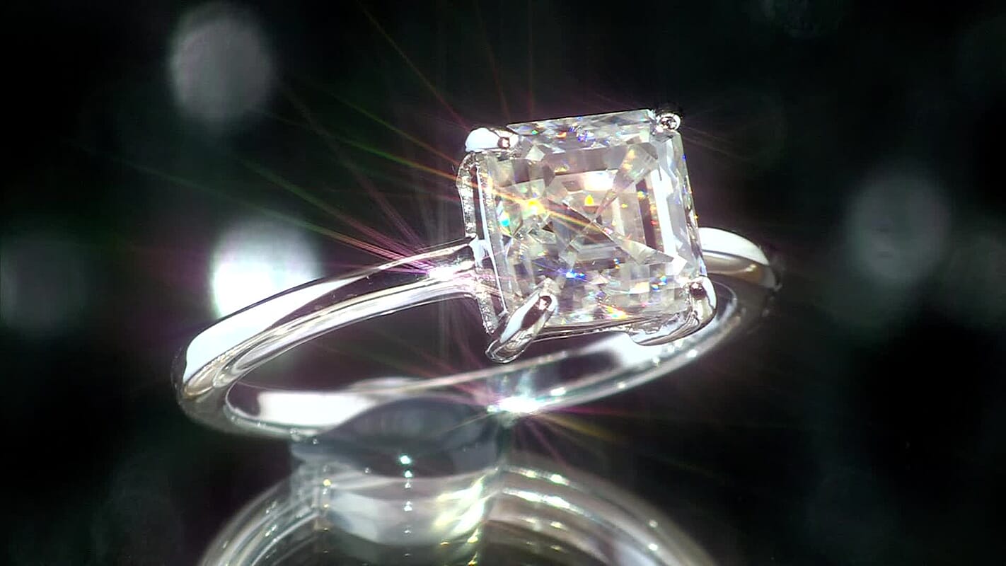 D'Joy Asscher Cut Moissanite (7mm) Ring in Rhodium Over Sterling Silver (Size 10.0) 1.90 ctw