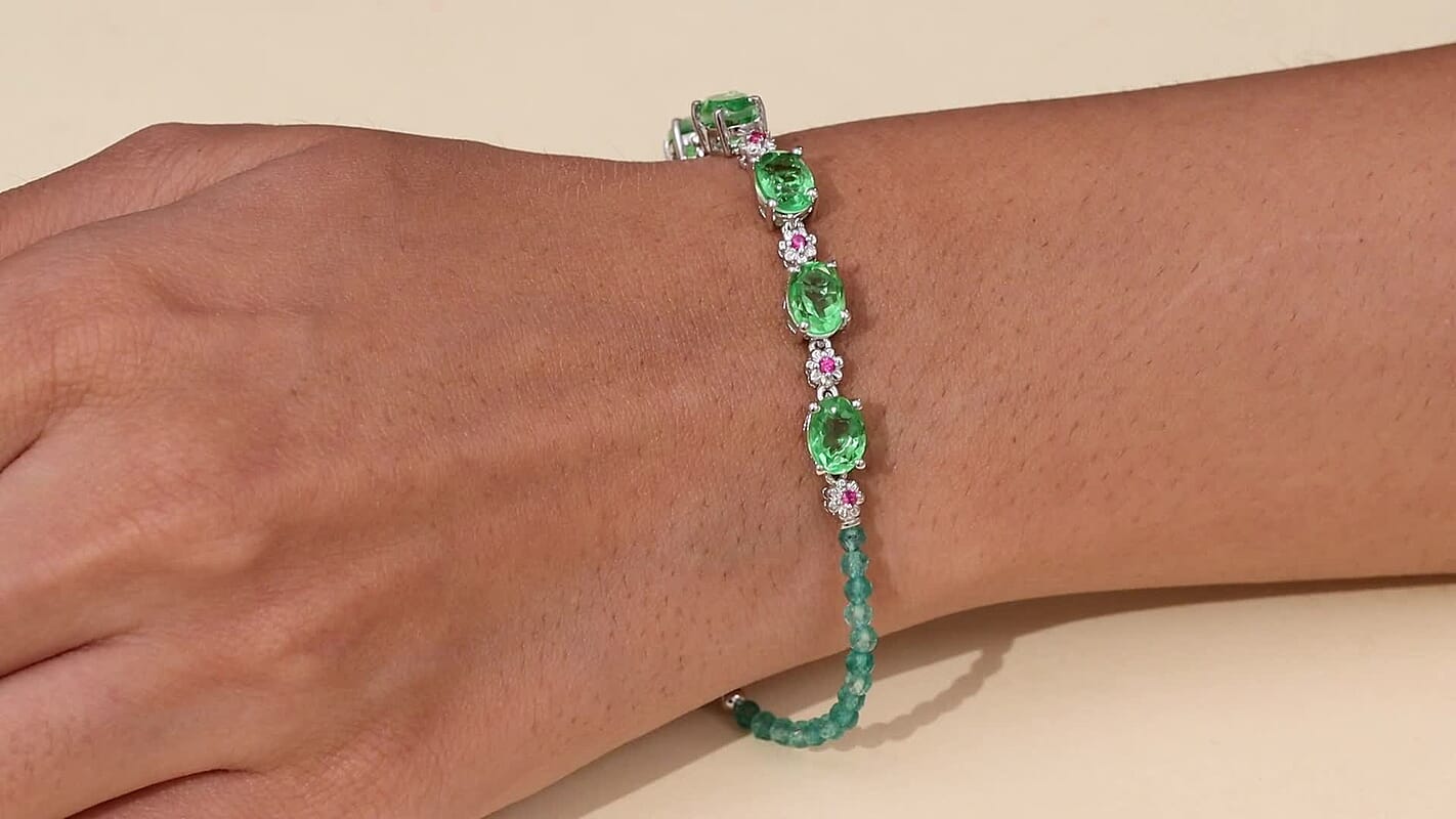 EverTrue Chartreuse Quartz (Triplet) and Multi Gemstone 15.40 ctw Floral Bracelet in Platinum Bond (7.25 In)