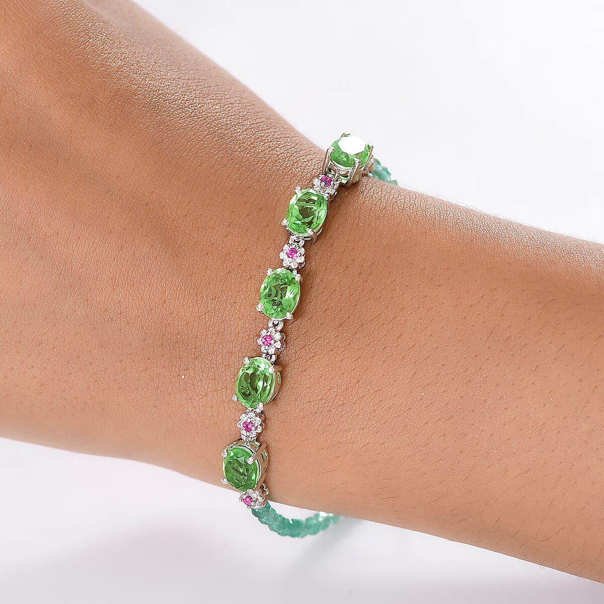 EverTrue Chartreuse Quartz (Triplet) and Multi Gemstone 15.40 ctw Bracelet in Platinum Bond (7.25 In) image number 2