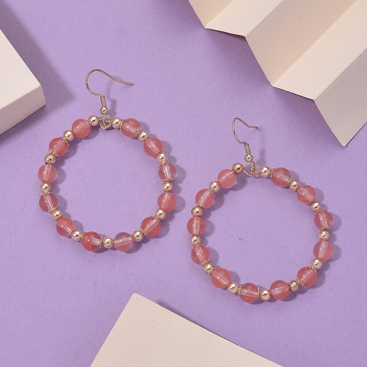 Cherry Quartz 20.00 ctw Beaded Earrings in Rosetone and Stainless Steel image number 1