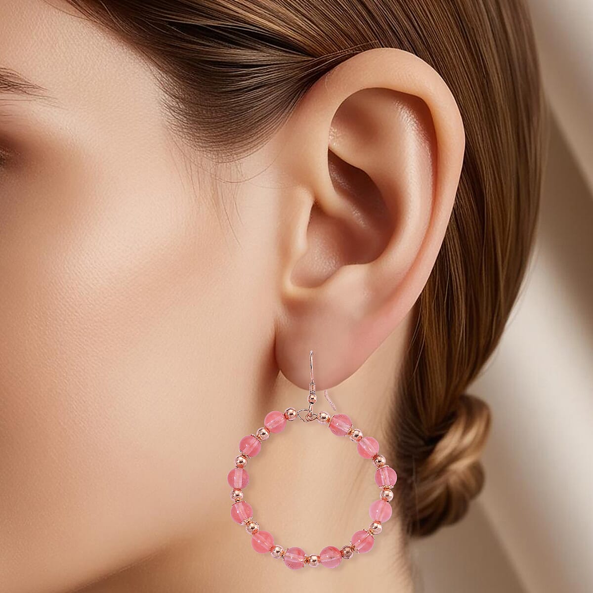Cherry Quartz 20.00 ctw Beaded Earrings in Rosetone and Stainless Steel image number 2