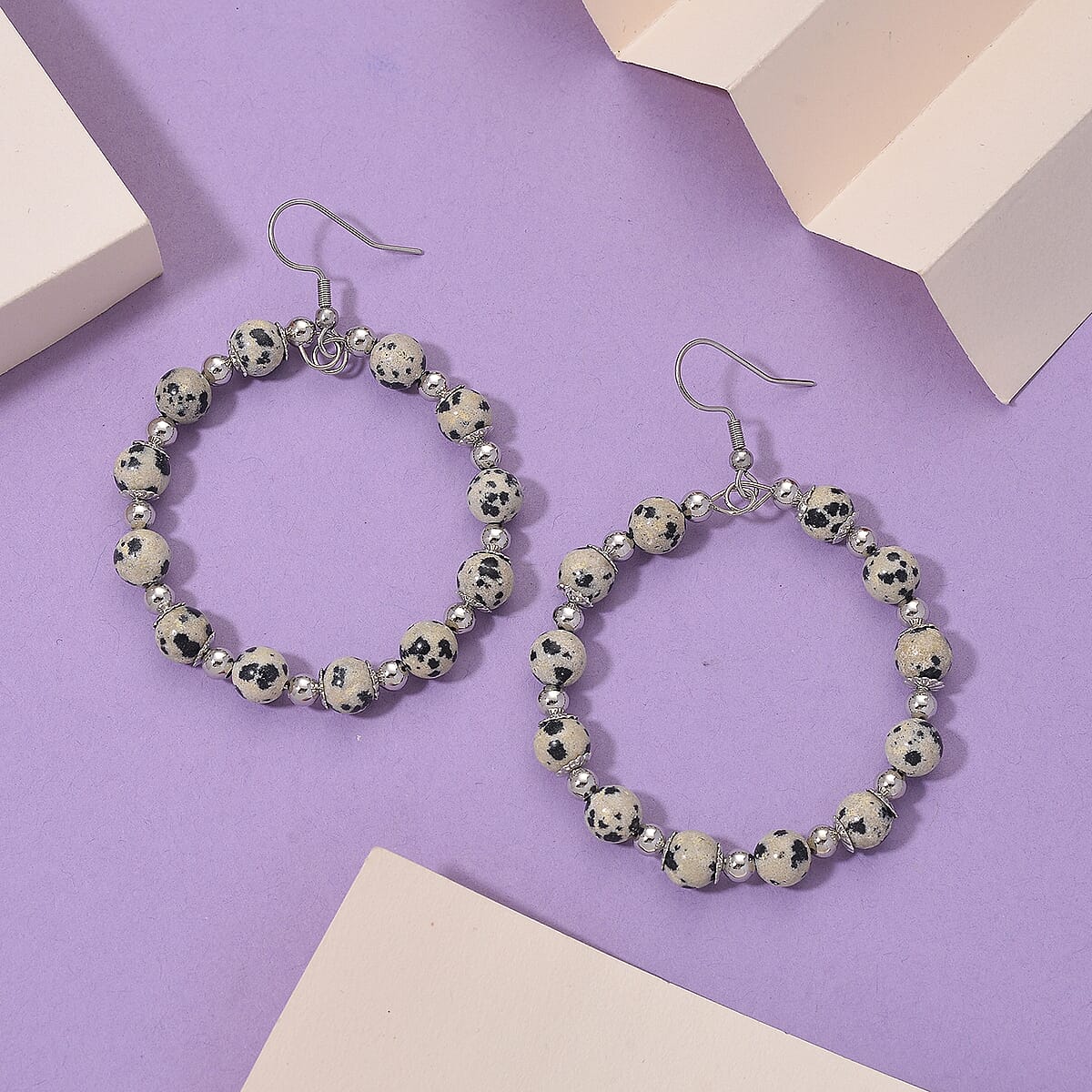 Dalmation Jasper 20.00 ctw Beaded Earrings in Silvertone and Stainless Steel image number 1