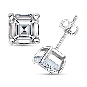 D'Joy Asscher Cut Moissanite 2.25 ctw Stud Earrings in Rhodium Over Sterling Silver 
