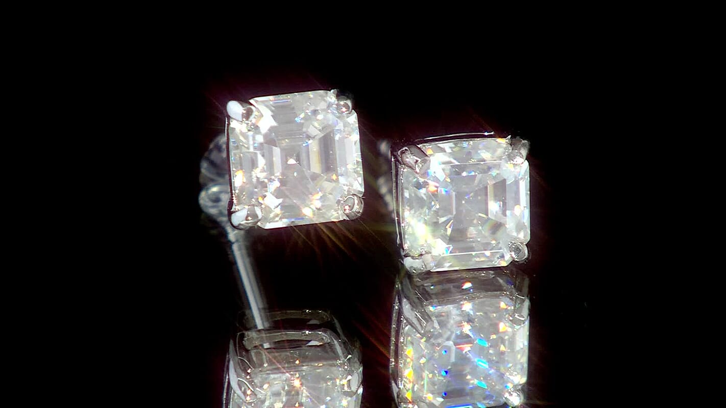 D'Joy Asscher Cut Moissanite 2.25 ctw Stud Earrings in Rhodium Over Sterling Silver