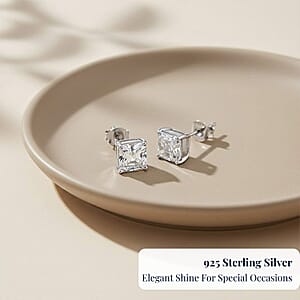 D'Joy Asscher Cut Moissanite 2.25 ctw Stud Earrings in Rhodium Over Sterling Silver 