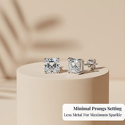 D'Joy Asscher Cut Moissanite 2.25 ctw Stud Earrings in Rhodium Over Sterling Silver 