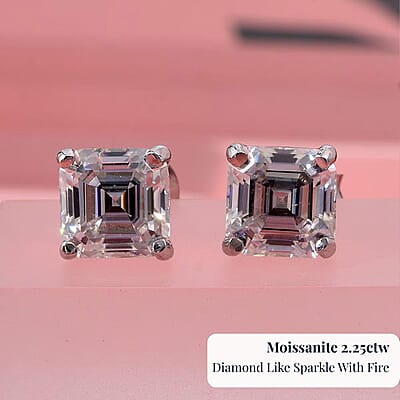 D'Joy Asscher Cut Moissanite 2.25 ctw Stud Earrings in Rhodium Over Sterling Silver 