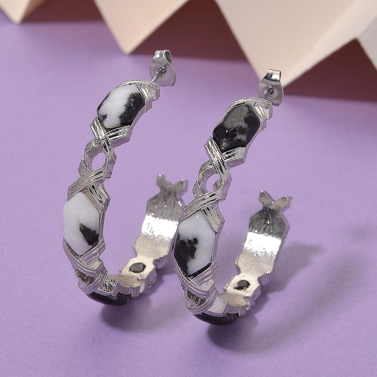 Grey Zebra Jasper 30.00 ctw Molto Kiss Earrings in Silvertone and Stainless Steel image number 1