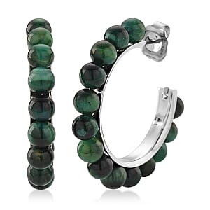 Green Tiger’s Eye (D) 20.00 ctw Beaded Hoop Earrings in Silvertone Stainless Steel
