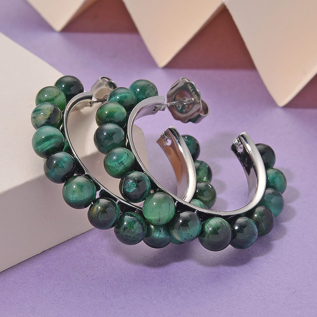 Green Tiger’s Eye (D) 20.00 ctw Beaded Hoop Earrings in Silvertone Stainless Steel image number 1
