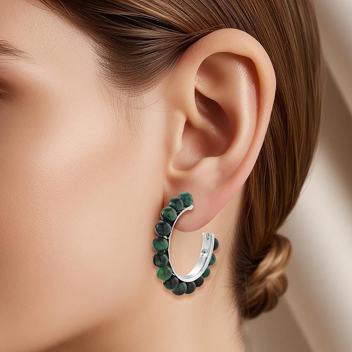 Green Tiger’s Eye (D) 20.00 ctw Beaded Hoop Earrings in Silvertone Stainless Steel image number 2