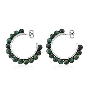 Green Tiger&rsquo;s Eye (D) 20.00 ctw Beaded Hoop Earrings in Silvertone Stainless Steel