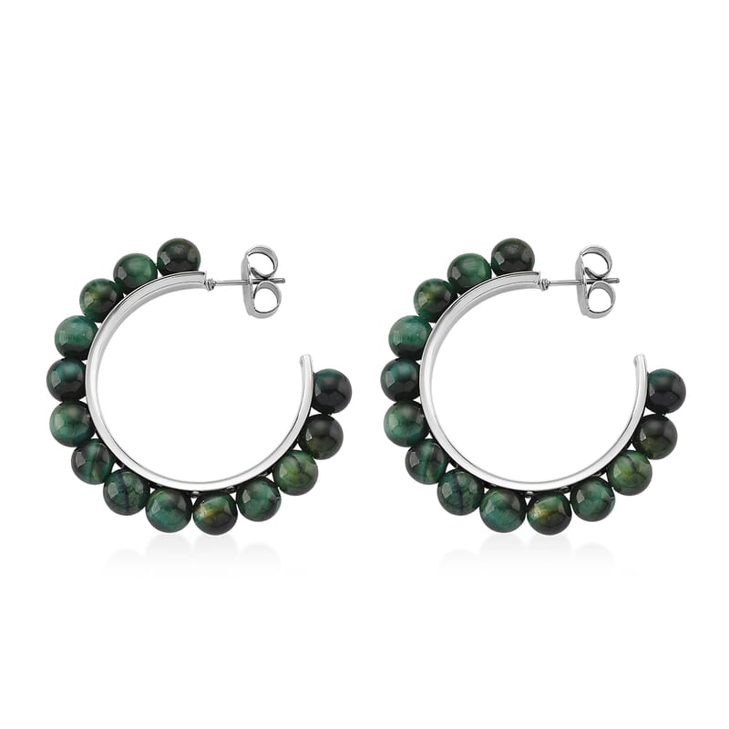 Green Tiger’s Eye (D) 20.00 ctw Beaded Hoop Earrings in Silvertone Stainless Steel