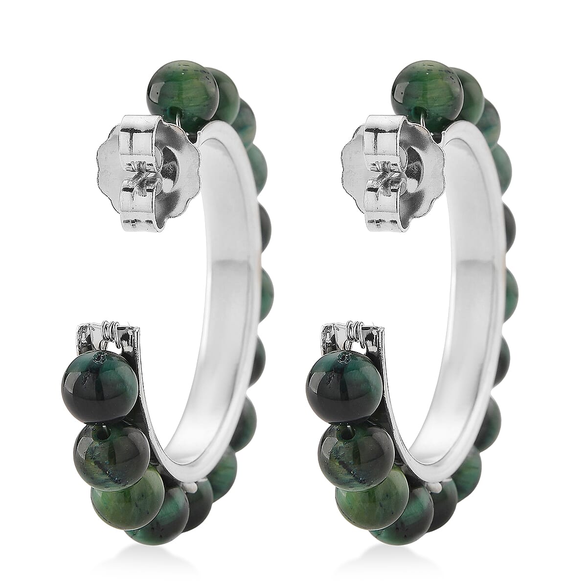 Green Tiger’s Eye (D) 20.00 ctw Beaded Hoop Earrings in Silvertone Stainless Steel image number 4