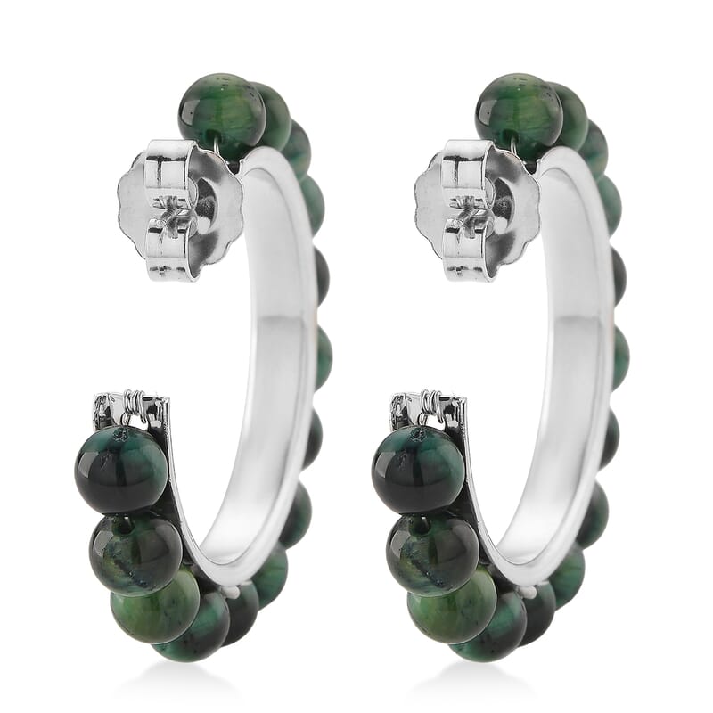 Green Tiger’s Eye (D) 20.00 ctw Beaded Hoop Earrings in Silvertone Stainless Steel