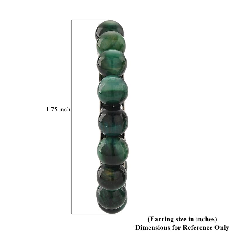 Green Tiger’s Eye (D) 20.00 ctw Beaded Hoop Earrings in Silvertone Stainless Steel