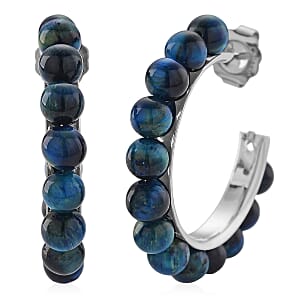 Blue Tiger’s Eye (D) 20.00 ctw Beaded Hoop Earrings in Silvertone Stainless Steel
