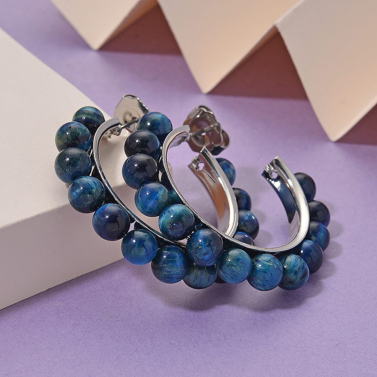 Blue Tiger’s Eye (D) 20.00 ctw Beaded Hoop Earrings in Silvertone Stainless Steel image number 1