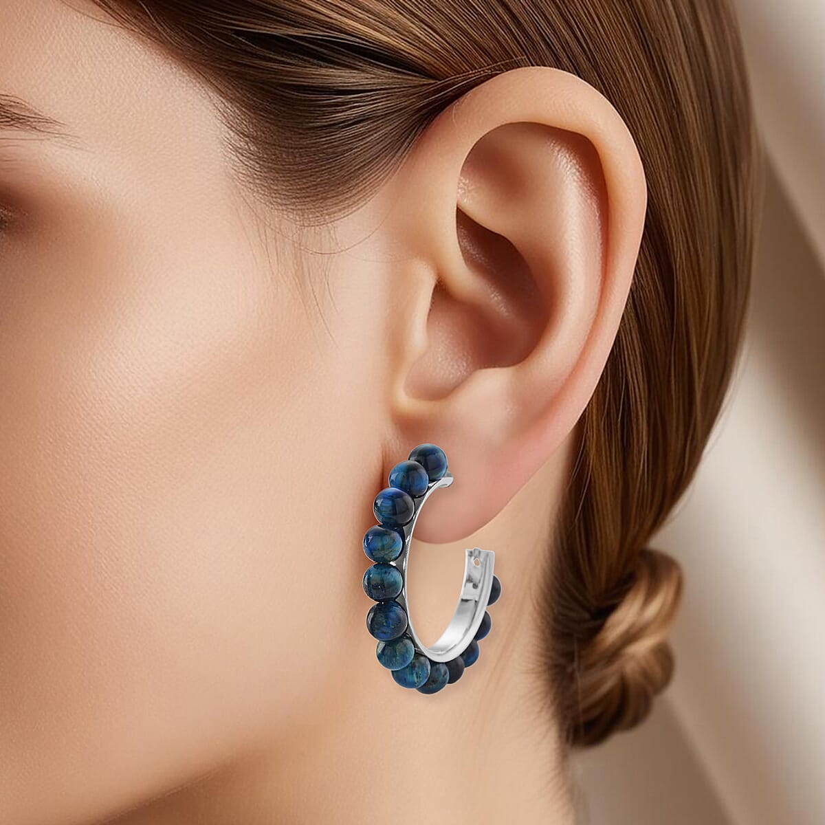 Blue Tiger’s Eye (D) 20.00 ctw Beaded Hoop Earrings in Silvertone Stainless Steel image number 2