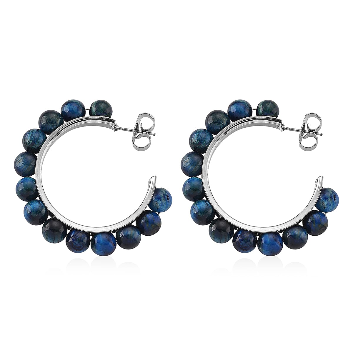 Blue Tiger’s Eye (D) 20.00 ctw Beaded Hoop Earrings in Silvertone Stainless Steel image number 3
