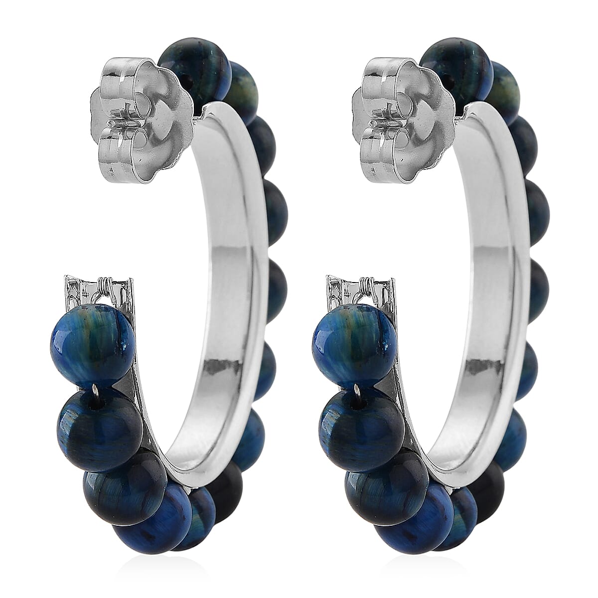 Blue Tiger’s Eye (D) 20.00 ctw Beaded Hoop Earrings in Silvertone Stainless Steel image number 4