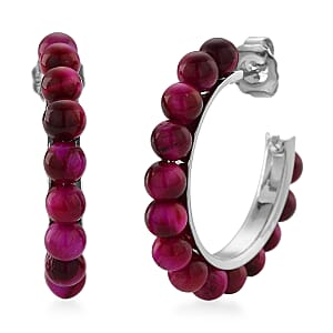 Fuchsia Tiger’s Eye (D) 20.00 ctw Beaded Hoop Earrings in Silvertone Stainless Steel