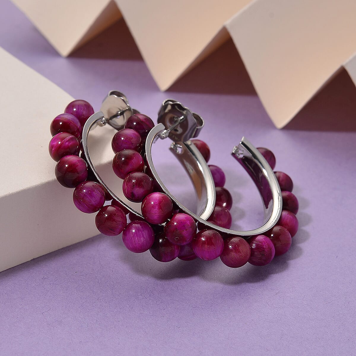 Fuchsia Tiger’s Eye (D) 20.00 ctw Beaded Hoop Earrings in Silvertone Stainless Steel image number 1