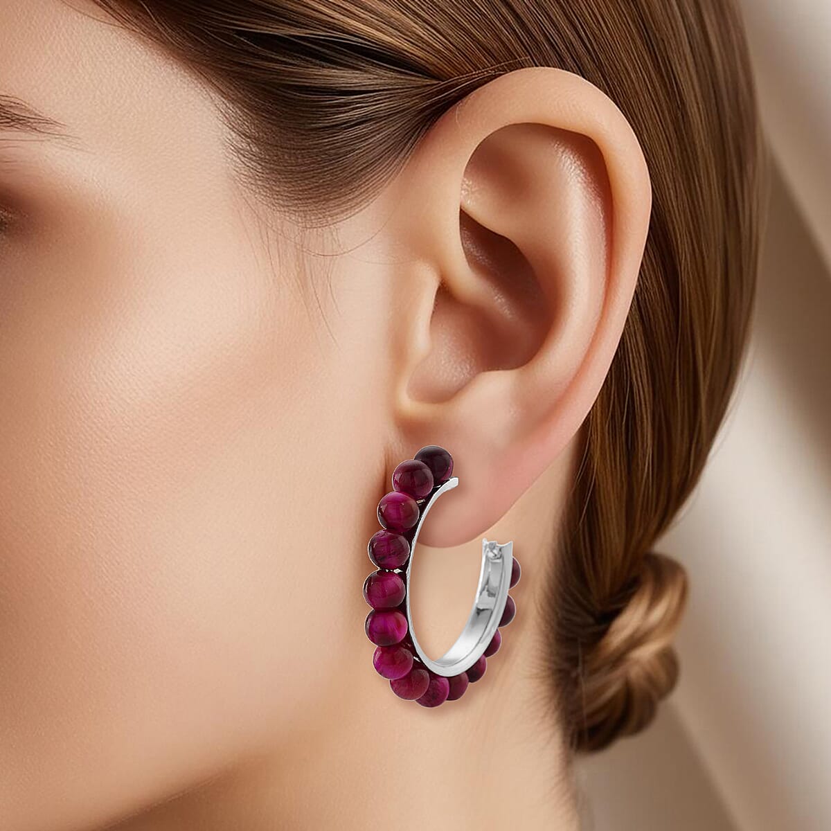 Fuchsia Tiger’s Eye (D) 20.00 ctw Beaded Hoop Earrings in Silvertone Stainless Steel image number 2