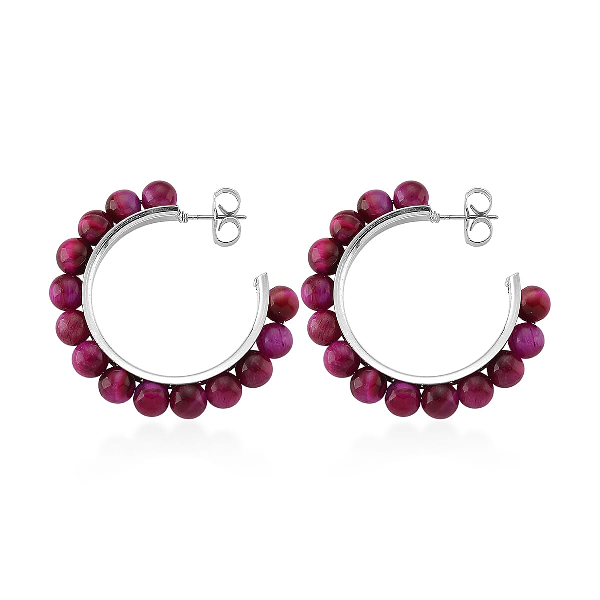Fuchsia Tiger’s Eye (D) 20.00 ctw Beaded Hoop Earrings in Silvertone Stainless Steel image number 3