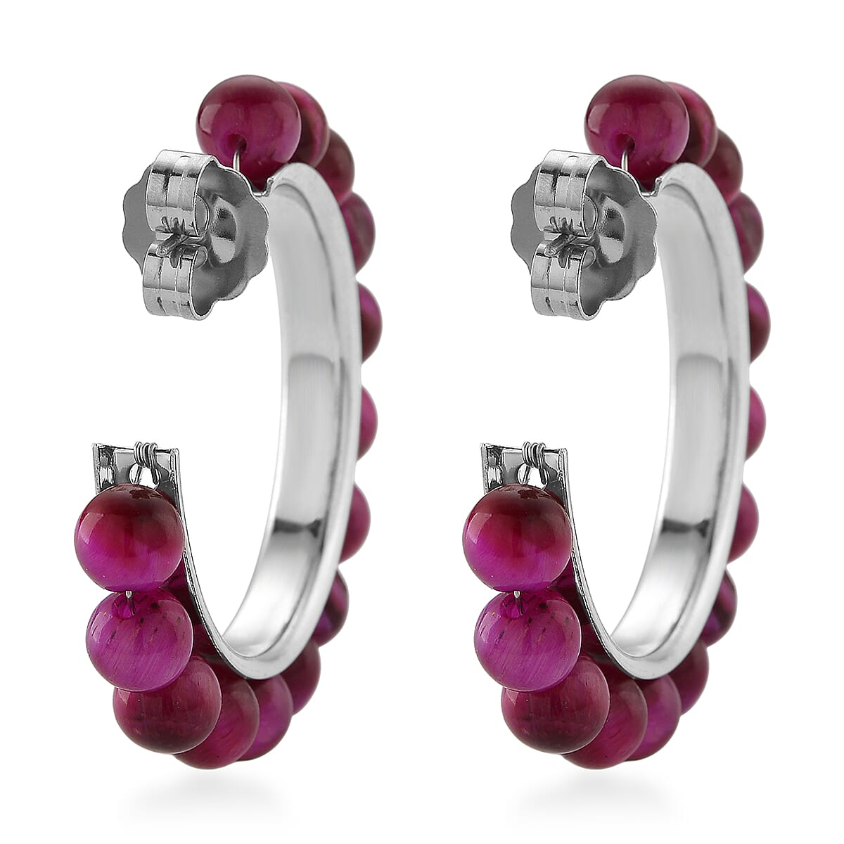 Fuchsia Tiger’s Eye (D) 20.00 ctw Beaded Hoop Earrings in Silvertone Stainless Steel image number 4