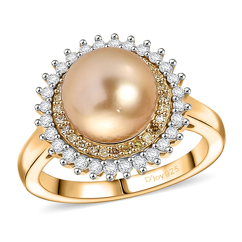 D'Joy  South Sea Golden Pearl,Natural Yellow and White Diamond Sunburst Halo Ring in 18K Vermeil YG Over Sterling Silver 0.45 ctw (Size 10.0)