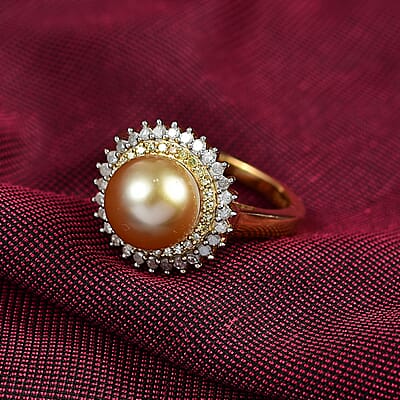 D'Joy  South Sea Golden Pearl,Natural Yellow and White Diamond Sunburst Halo Ring in 18K Vermeil YG Over Sterling Silver 0.45 ctw (Size 10.0)