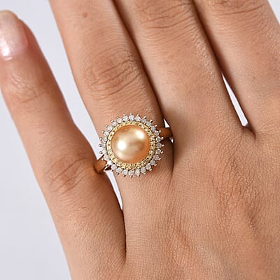 D'Joy  South Sea Golden Pearl,Natural Yellow and White Diamond Sunburst Halo Ring in 18K Vermeil YG Over Sterling Silver 0.45 ctw (Size 10.0)