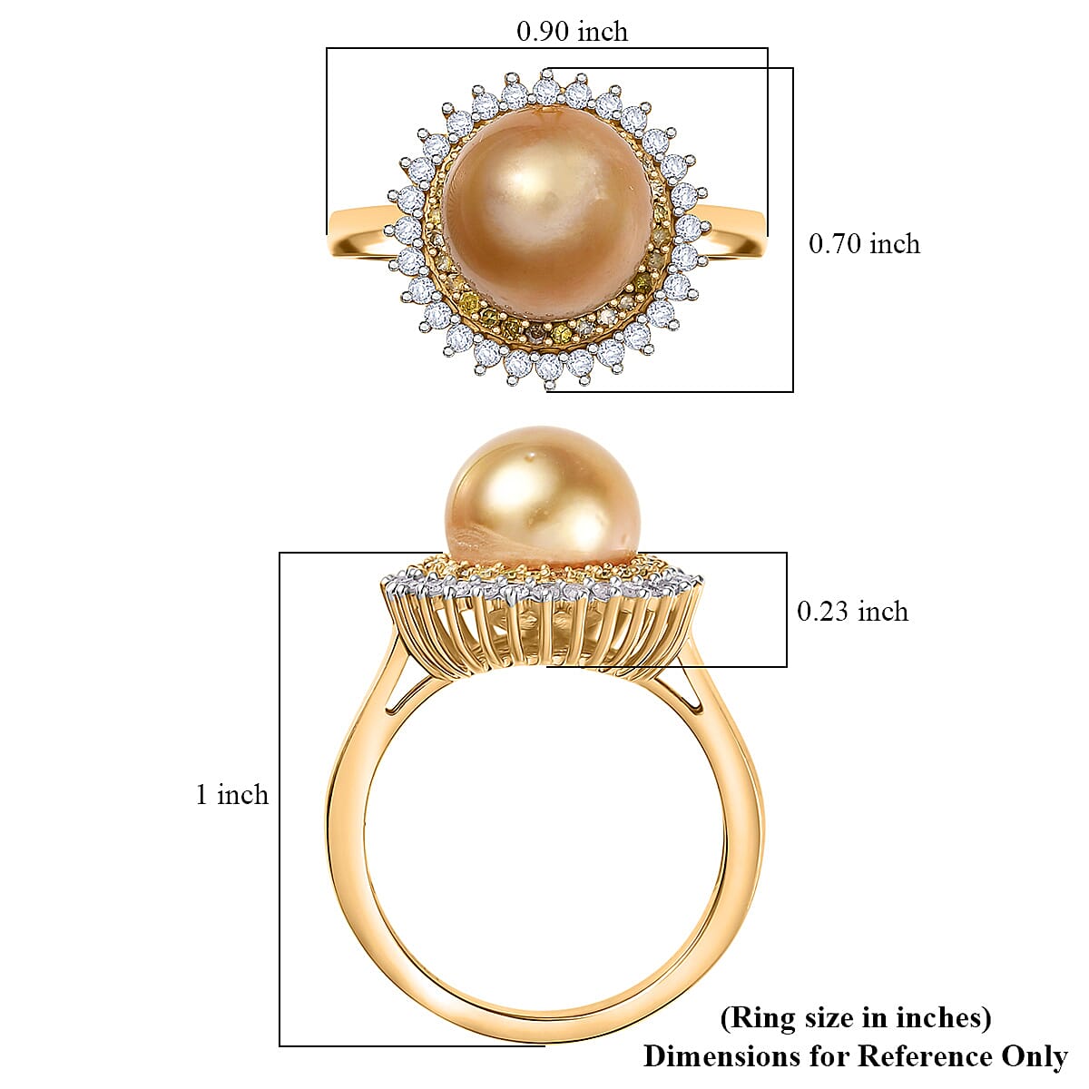 D'Joy  South Sea Golden Pearl,Natural Yellow and White Diamond Sunburst Halo Ring in 18K Vermeil YG Over Sterling Silver 0.45 ctw (Size 10.0)