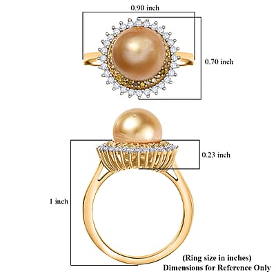 D'Joy  South Sea Golden Pearl,Natural Yellow and White Diamond Sunburst Halo Ring in 18K Vermeil YG Over Sterling Silver 0.45 ctw (Size 10.0)