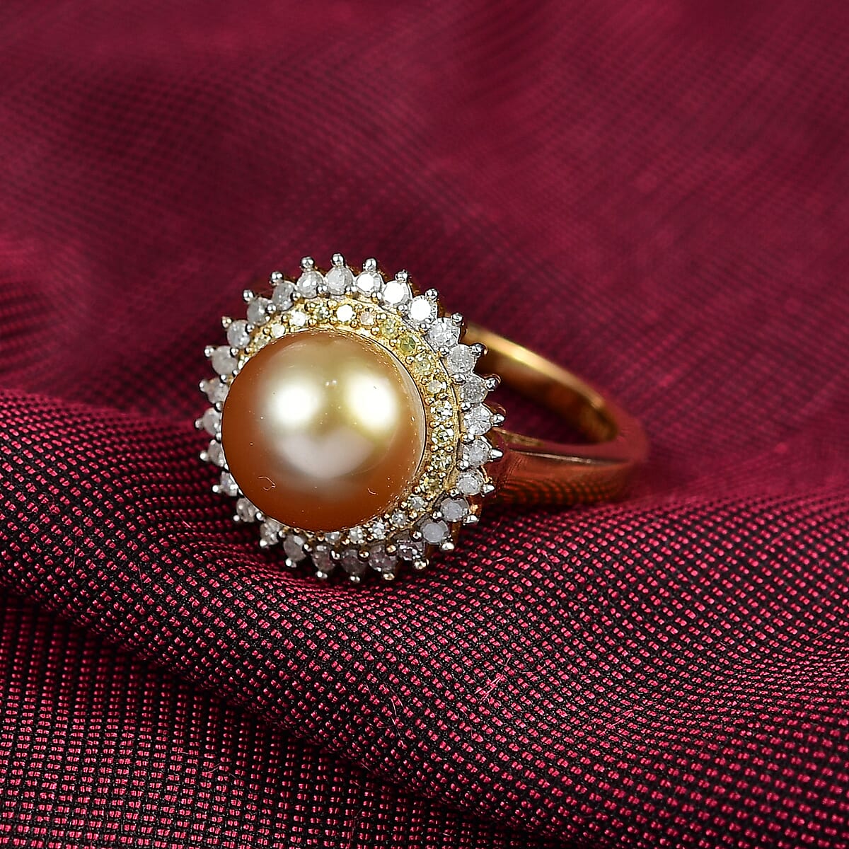 D'Joy  South Sea Golden Pearl,Natural Yellow and White Diamond Sunburst Halo Ring in 18K Vermeil YG Over Sterling Silver 0.45 ctw (Size 6.0) image number 1