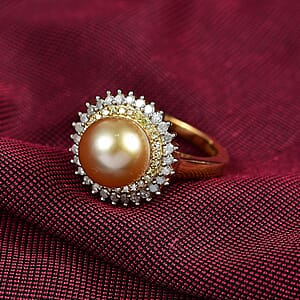 D'Joy  South Sea Golden Pearl,Natural Yellow and White Diamond Sunburst Halo Ring in 18K Vermeil YG Over Sterling Silver 0.45 ctw (Size 6.0)