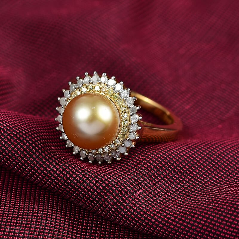 D'Joy  South Sea Golden Pearl,Natural Yellow and White Diamond Sunburst Halo Ring in 18K Vermeil YG Over Sterling Silver 0.45 ctw (Size 6.0)