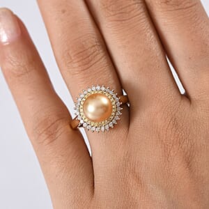 D'Joy  South Sea Golden Pearl,Natural Yellow and White Diamond Sunburst Halo Ring in 18K Vermeil YG Over Sterling Silver 0.45 ctw (Size 6.0)